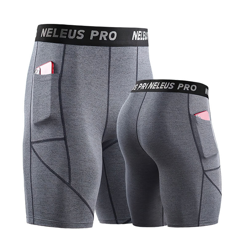 Gray male elastic short compression tights with side pockets for workout